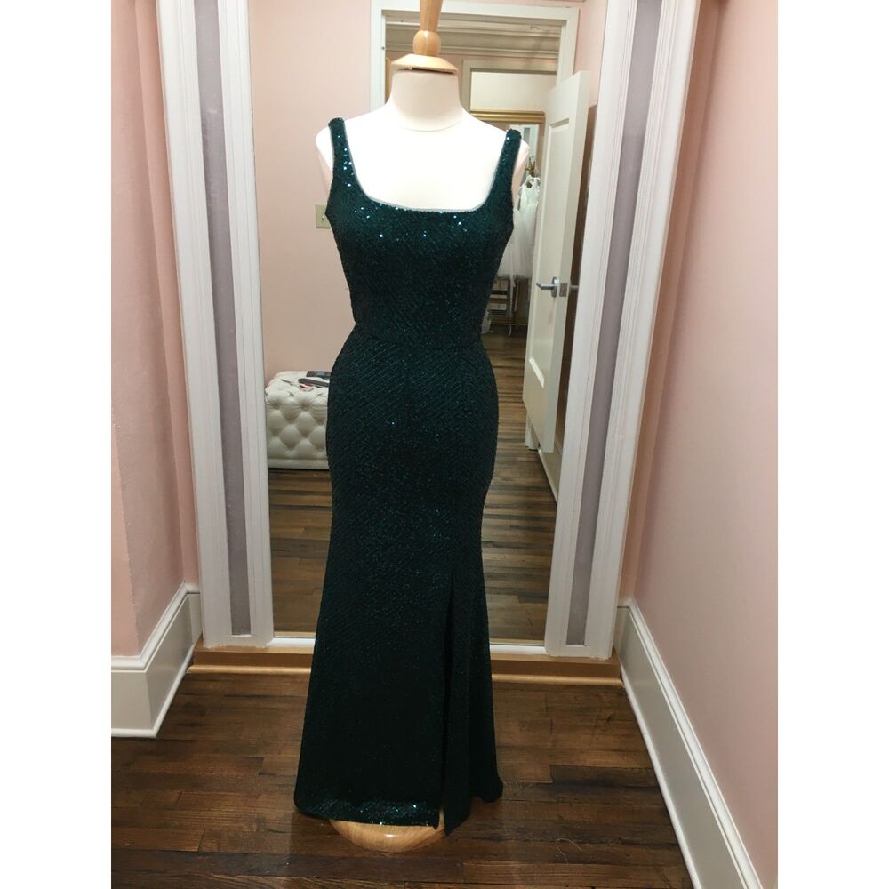 Hunter Green StretchSequin Evening Dress Sleeveless Square Neck Low Back Slit B2 - Picture 6 of 11
